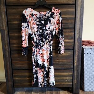 Luxology Black Midi Dress with Pink and Cream Floral Print